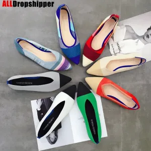 Color Casual Women Soft Shoes Breathable Knit Pointed Shoes Women's Flat Shoes Ballet Single Shoes Comfortable Pregnant Shoes