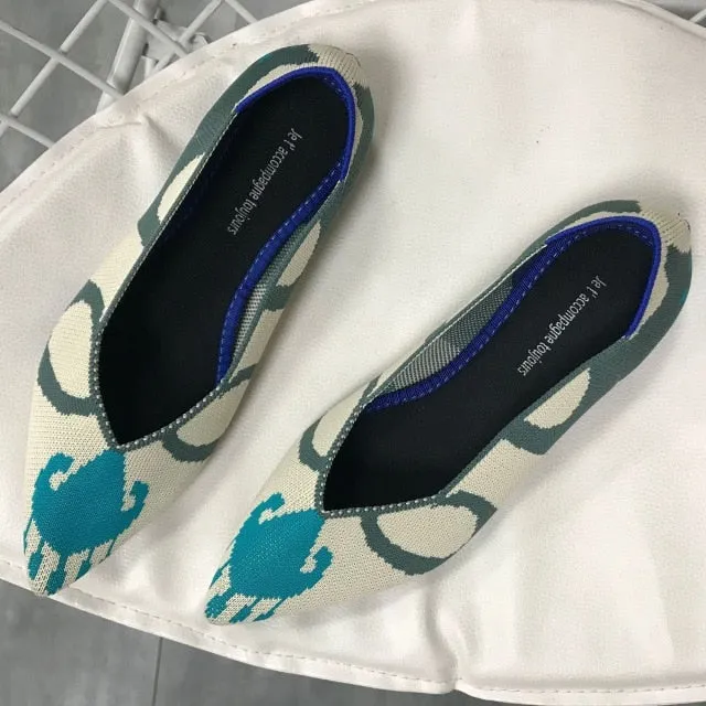 Color Casual Women Soft Shoes Breathable Knit Pointed Shoes Women's Flat Shoes Ballet Single Shoes Comfortable Pregnant Shoes