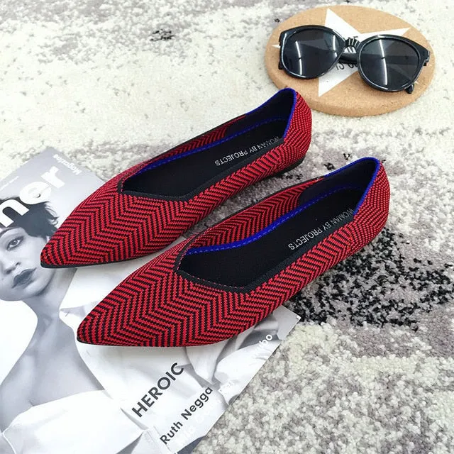 Color Casual Women Soft Shoes Breathable Knit Pointed Shoes Women's Flat Shoes Ballet Single Shoes Comfortable Pregnant Shoes