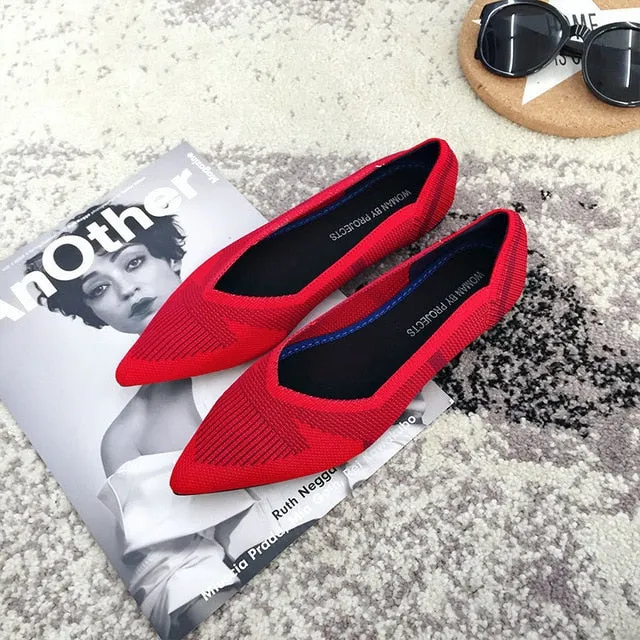 Color Casual Women Soft Shoes Breathable Knit Pointed Shoes Women's Flat Shoes Ballet Single Shoes Comfortable Pregnant Shoes