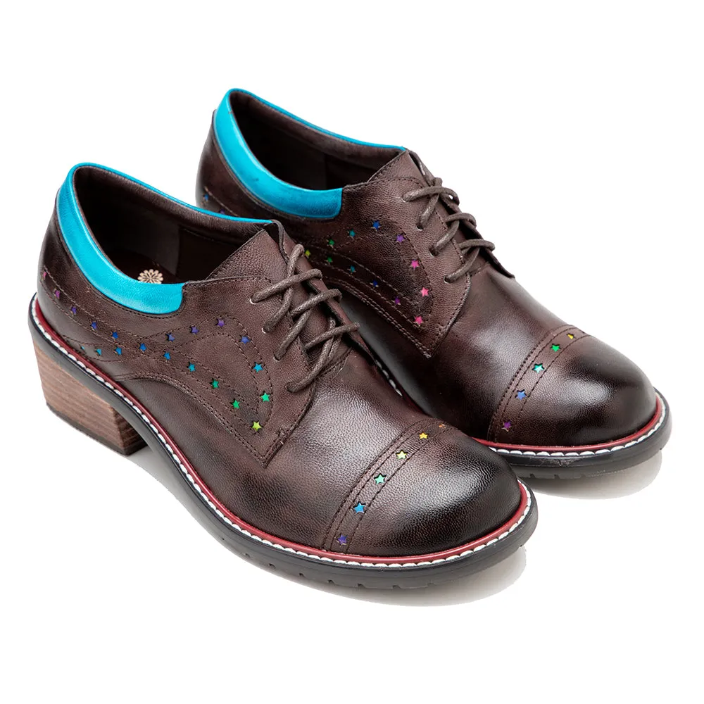 CrazycatZ Women's Leather Oxford Shoes Colorful Leather Oxfords Vintage Shoes Coffee