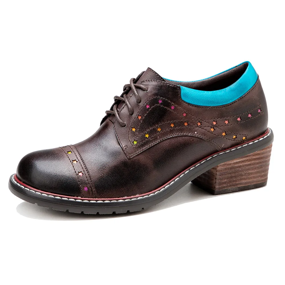 CrazycatZ Women's Leather Oxford Shoes Colorful Leather Oxfords Vintage Shoes Coffee