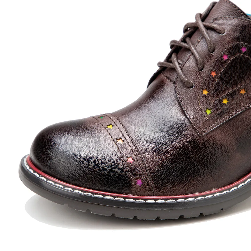 CrazycatZ Women's Leather Oxford Shoes Colorful Leather Oxfords Vintage Shoes Coffee