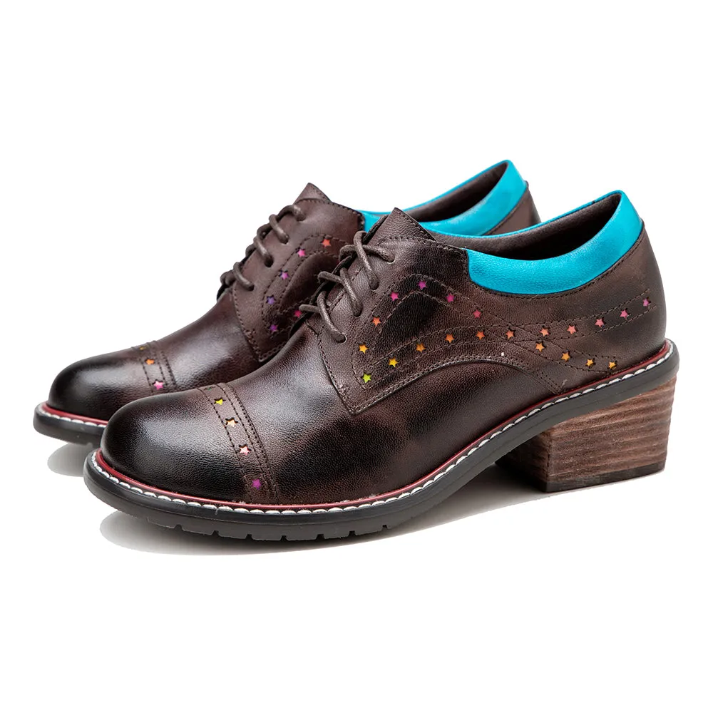 CrazycatZ Women's Leather Oxford Shoes Colorful Leather Oxfords Vintage Shoes Coffee