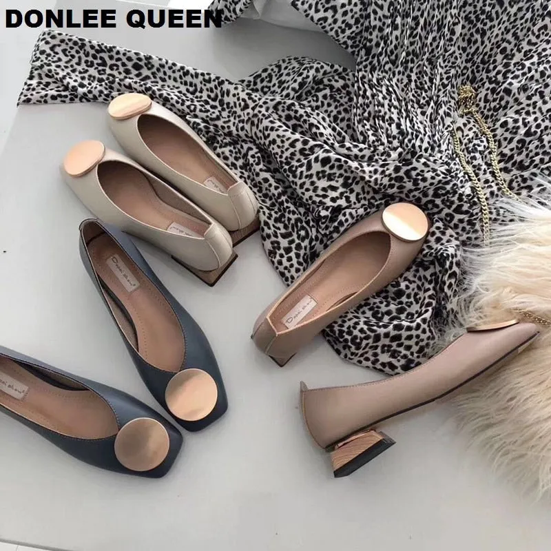 DONLEE QUEEN Women Flats Shoes Low Wooden Low Heel Ballet Square Toe Shallow Buckle Brand Shoes Slip On Loafers zapatos de mujer