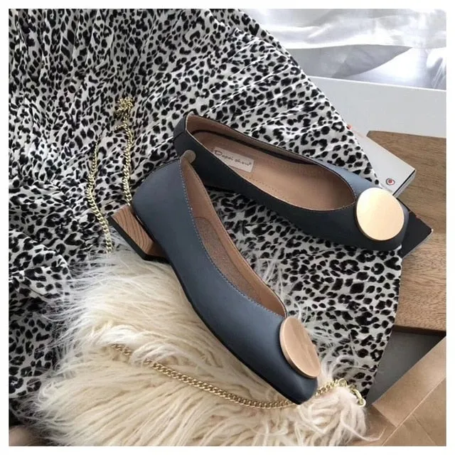 DONLEE QUEEN Women Flats Shoes Low Wooden Low Heel Ballet Square Toe Shallow Buckle Brand Shoes Slip On Loafers zapatos de mujer