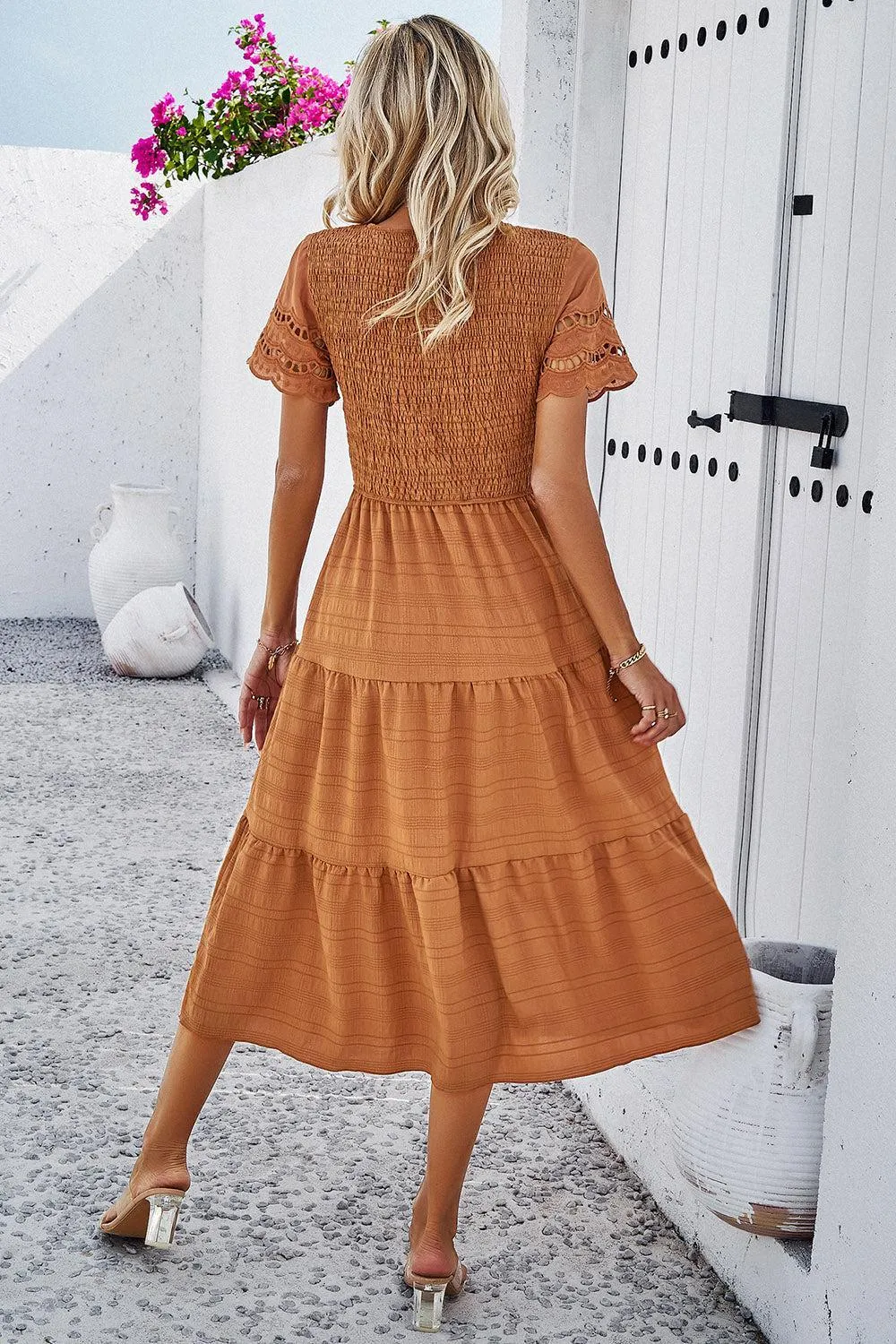Favorite Go-To A-Line Tiered Short Sleeve Midi Dress