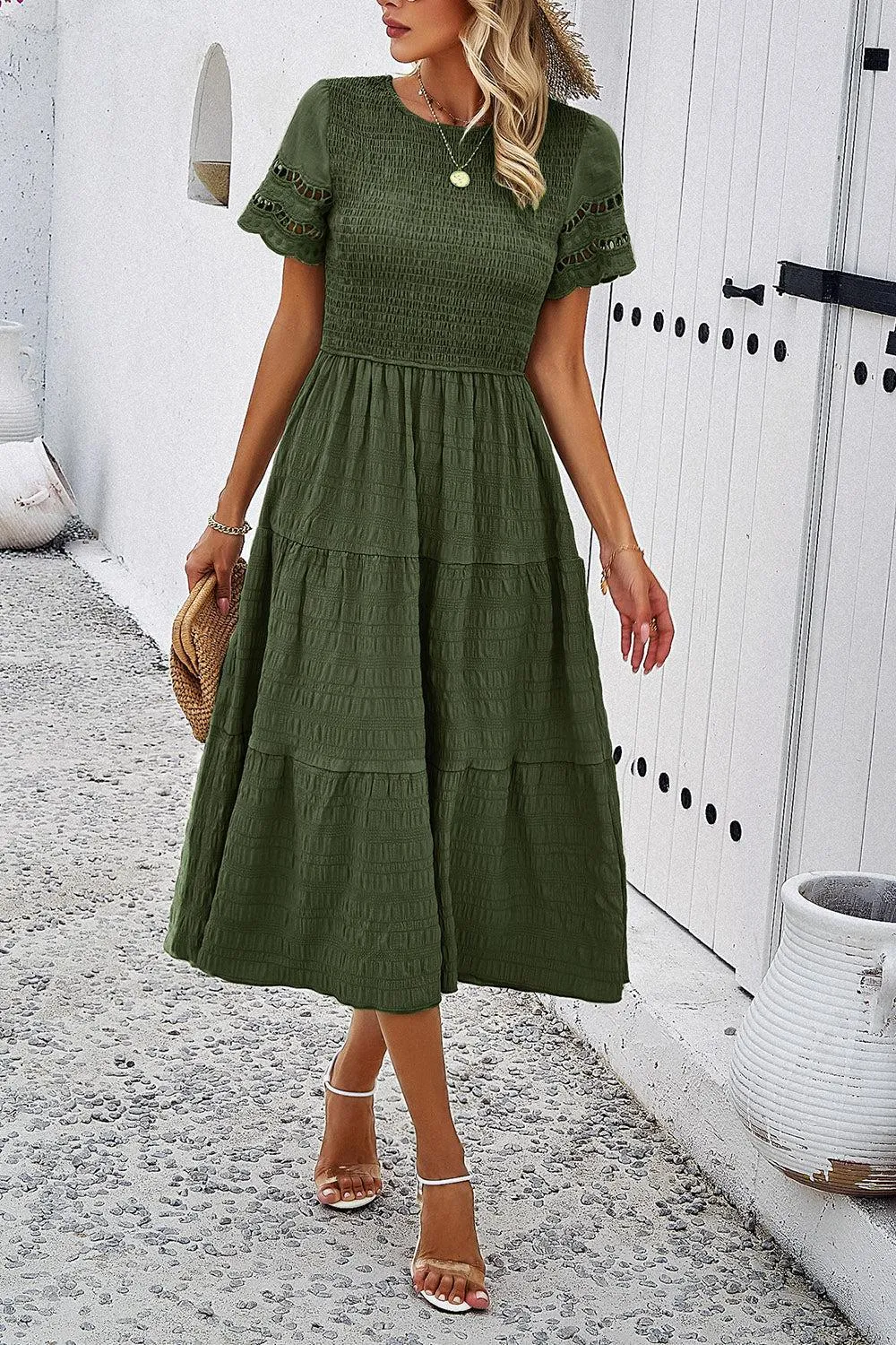 Favorite Go-To A-Line Tiered Short Sleeve Midi Dress