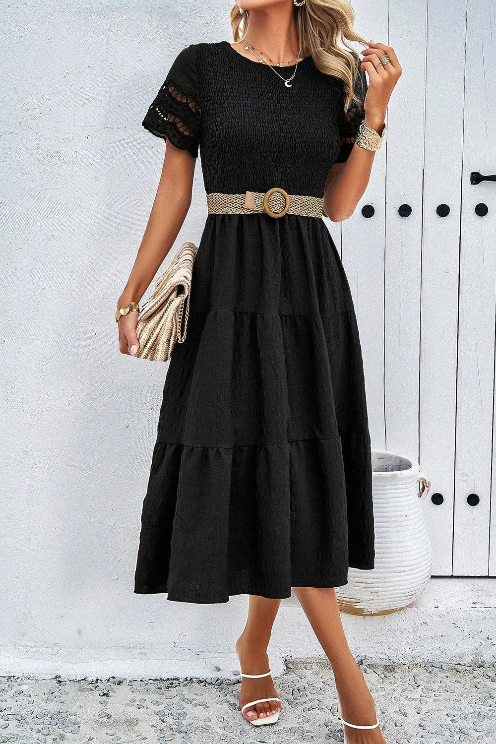 Favorite Go-To A-Line Tiered Short Sleeve Midi Dress