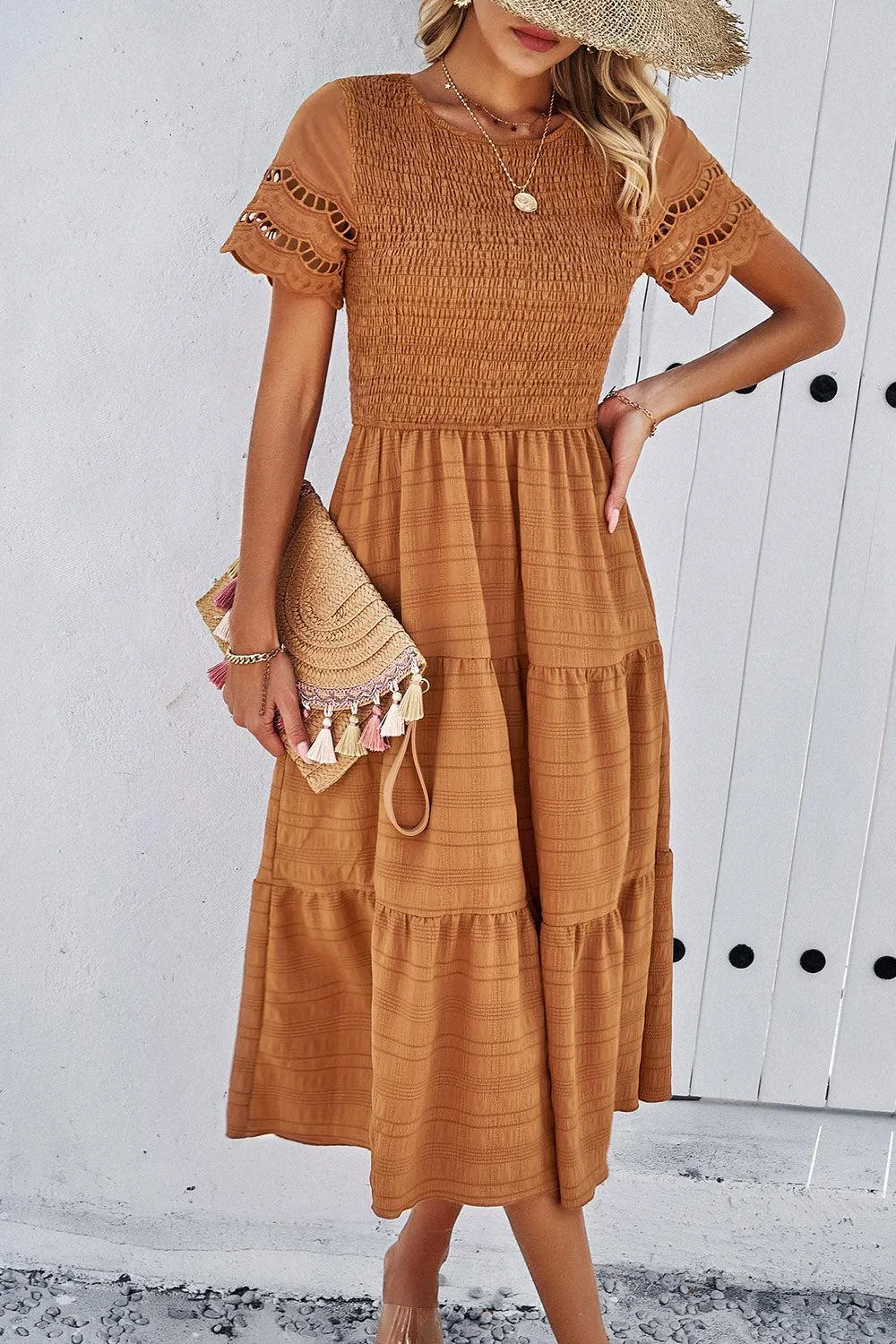 Favorite Go-To A-Line Tiered Short Sleeve Midi Dress