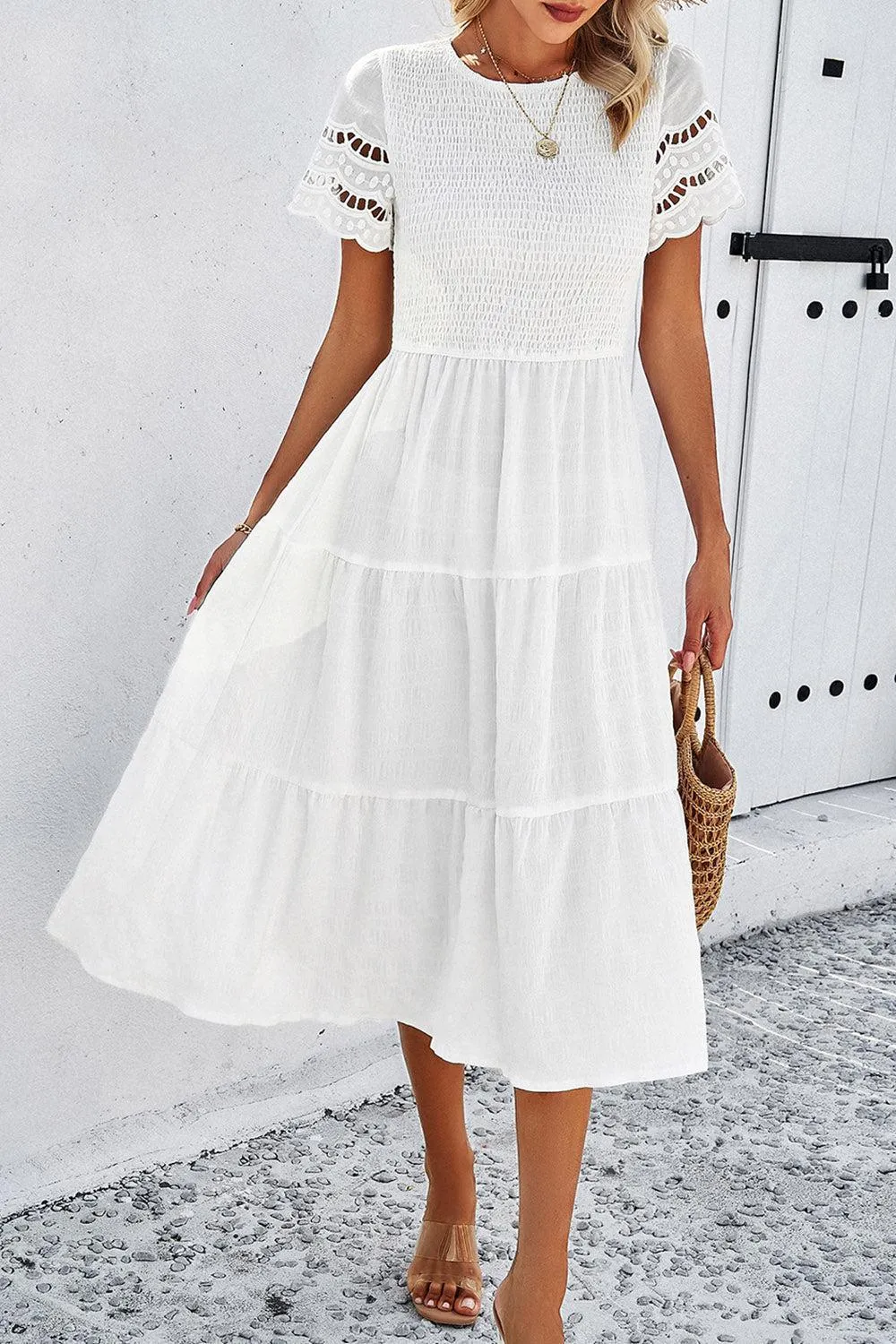 Favorite Go-To A-Line Tiered Short Sleeve Midi Dress