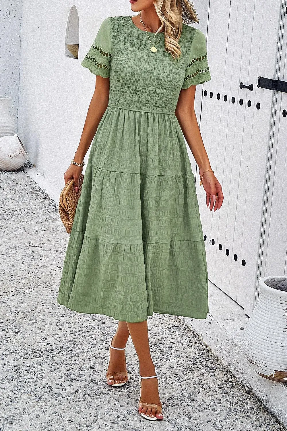 Favorite Go-To A-Line Tiered Short Sleeve Midi Dress