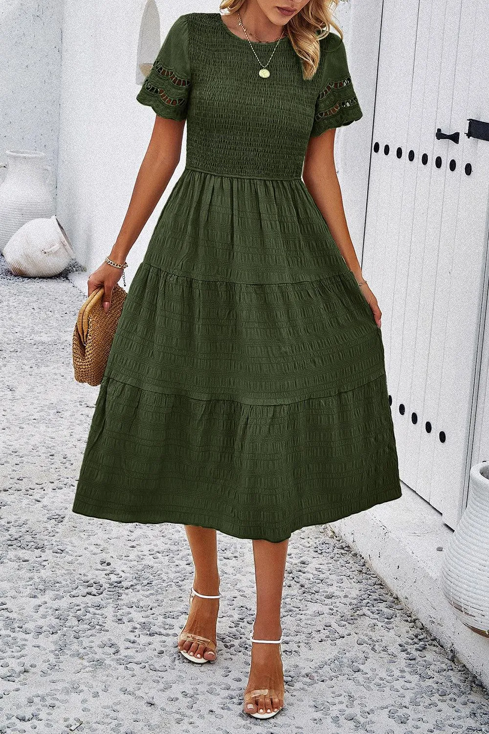 Favorite Go-To A-Line Tiered Short Sleeve Midi Dress