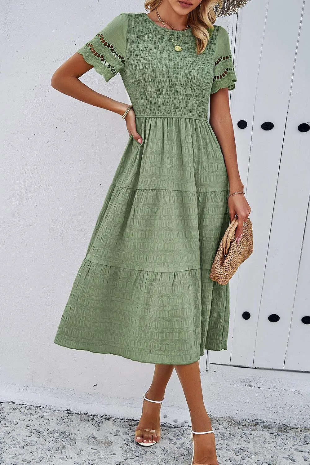 Favorite Go-To A-Line Tiered Short Sleeve Midi Dress