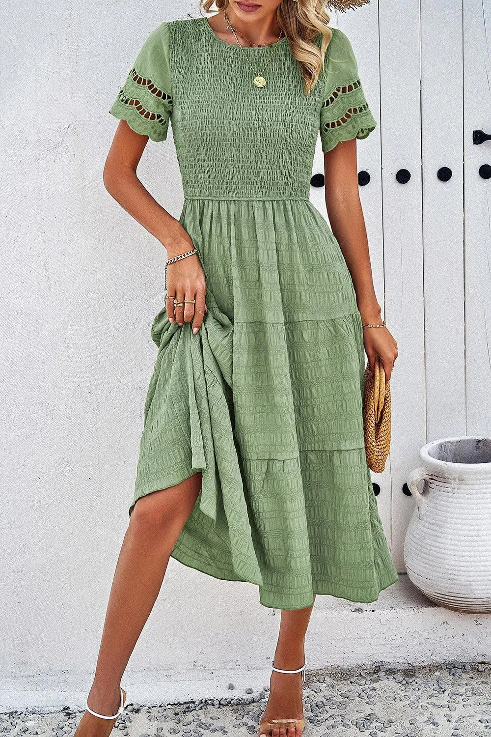 Favorite Go-To A-Line Tiered Short Sleeve Midi Dress