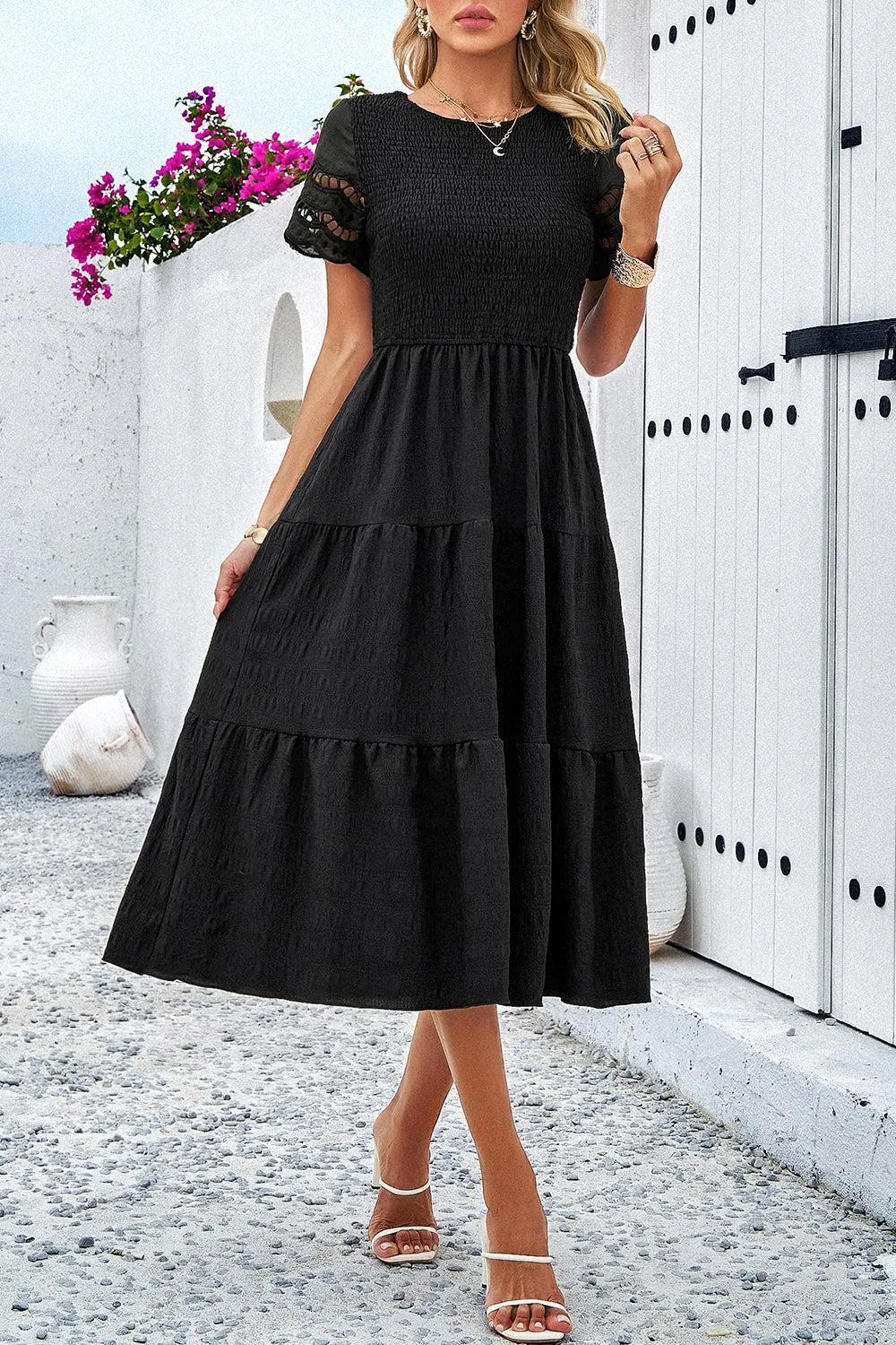 Favorite Go-To A-Line Tiered Short Sleeve Midi Dress
