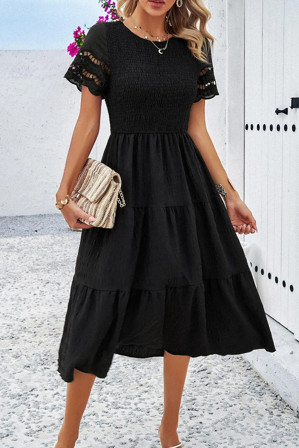 Favorite Go-To A-Line Tiered Short Sleeve Midi Dress