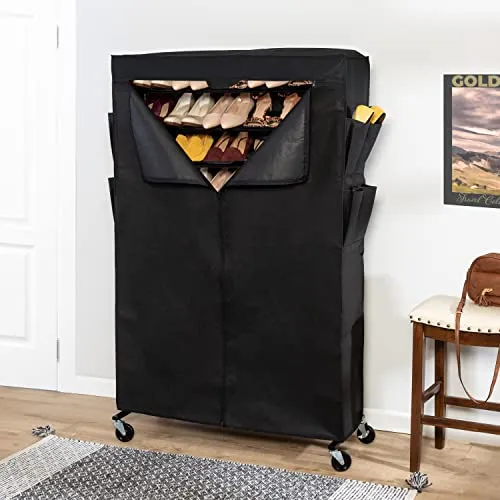Honey-Can-Do Rolling Shoe Rack and Shoe Rack Cover - Up to 50 Pairs of Shoes, Black SHO-08862 Black