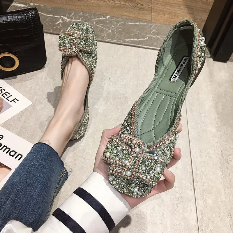 Ladies Bling Crystal Diamond Black Pink Dress Flats Womens Bow Sequins Single Shoes Rhinestone Glitter Square Toe Ballet Flats