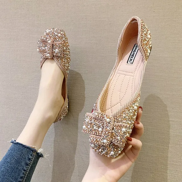 Ladies Bling Crystal Diamond Black Pink Dress Flats Womens Bow Sequins Single Shoes Rhinestone Glitter Square Toe Ballet Flats