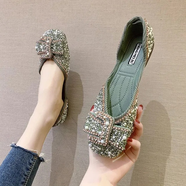 Ladies Bling Crystal Diamond Black Pink Dress Flats Womens Bow Sequins Single Shoes Rhinestone Glitter Square Toe Ballet Flats
