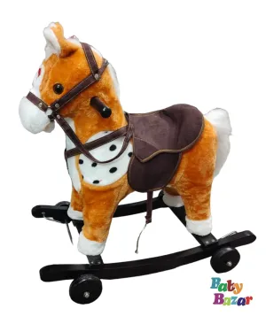 Large Rocking Wooden Horse Ride On Toy with Colorful Moving Mouth & Tail Baby Plush 60x21 cm