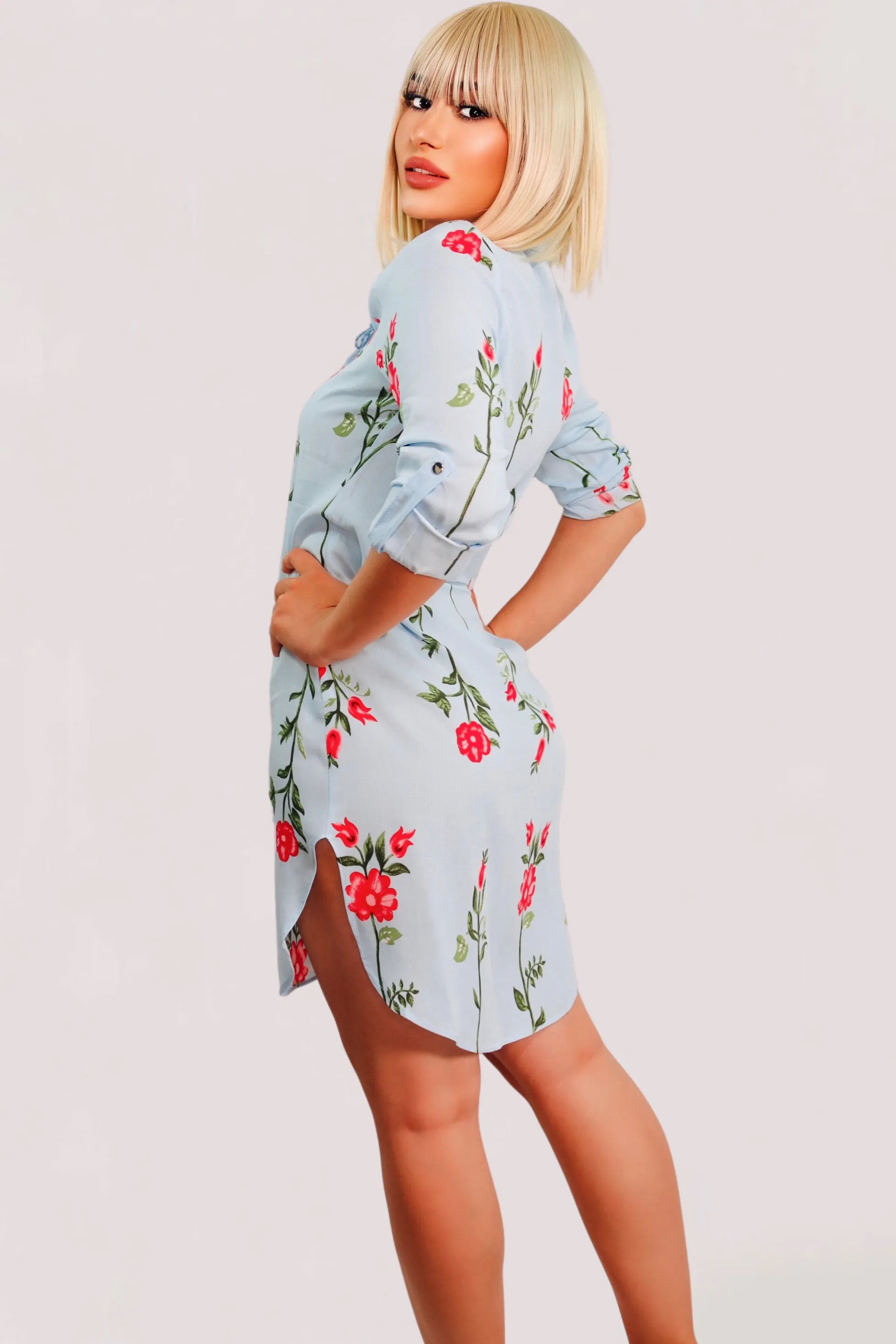 Pure Charm Floral Shirt Dress (Sky Blue Multi)
