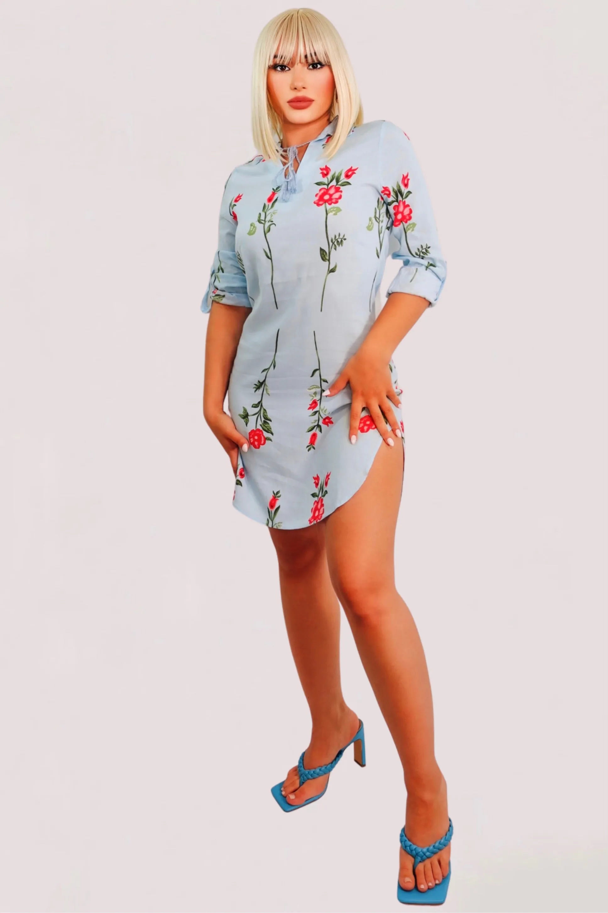 Pure Charm Floral Shirt Dress (Sky Blue Multi)