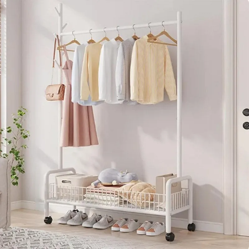Rolling Metal Clothes Rack with Basket
