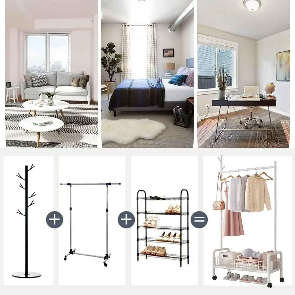Rolling Metal Clothes Rack with Basket