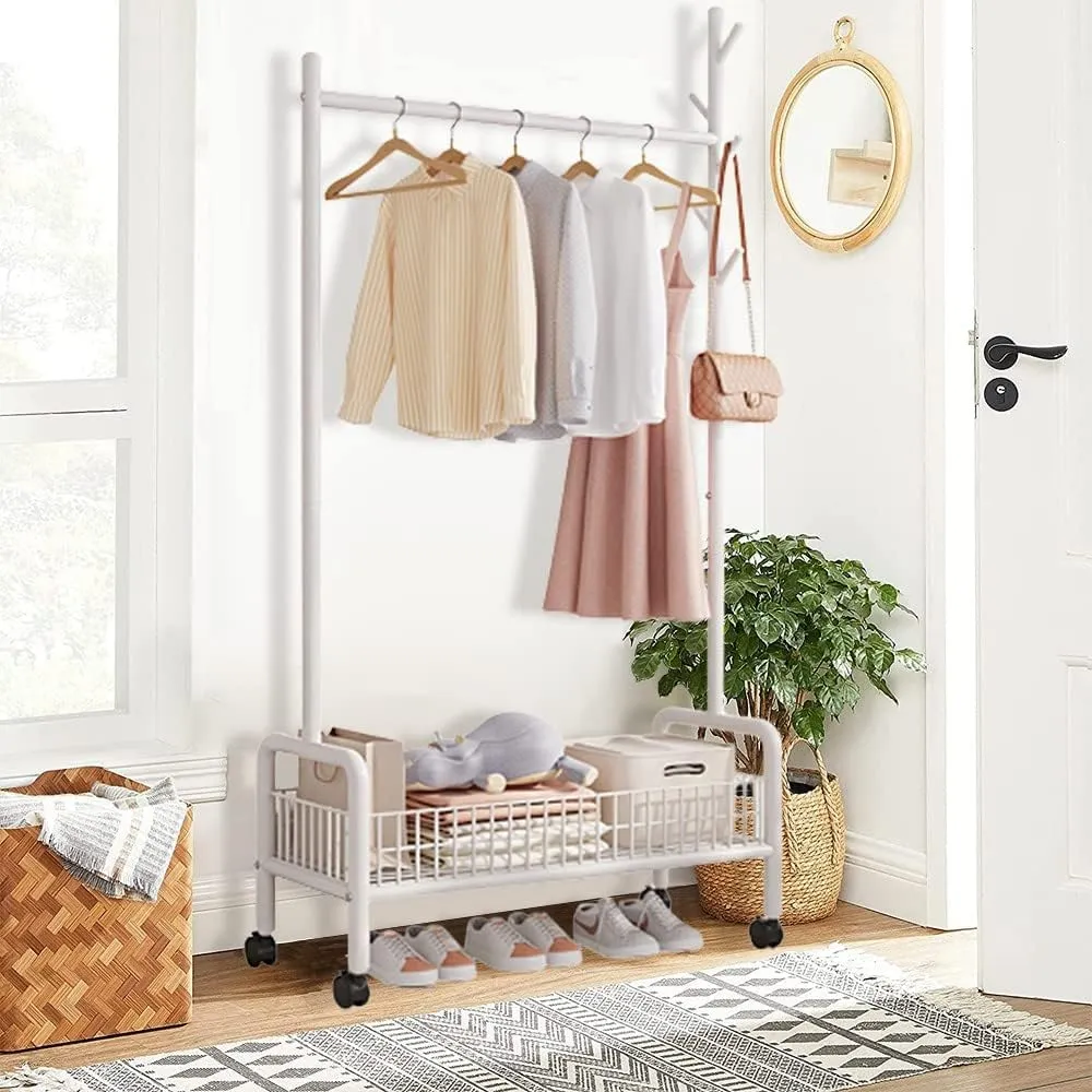 Rolling Metal Clothes Rack with Basket