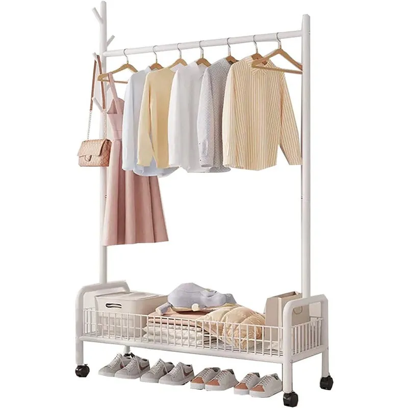 Rolling Metal Clothes Rack with Basket