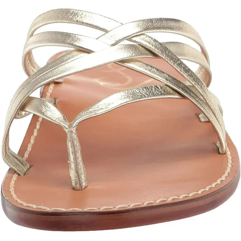 Sam Edelman Marinea Gold Leather Slip On Open Toe Strappy Flat Slides Sandals