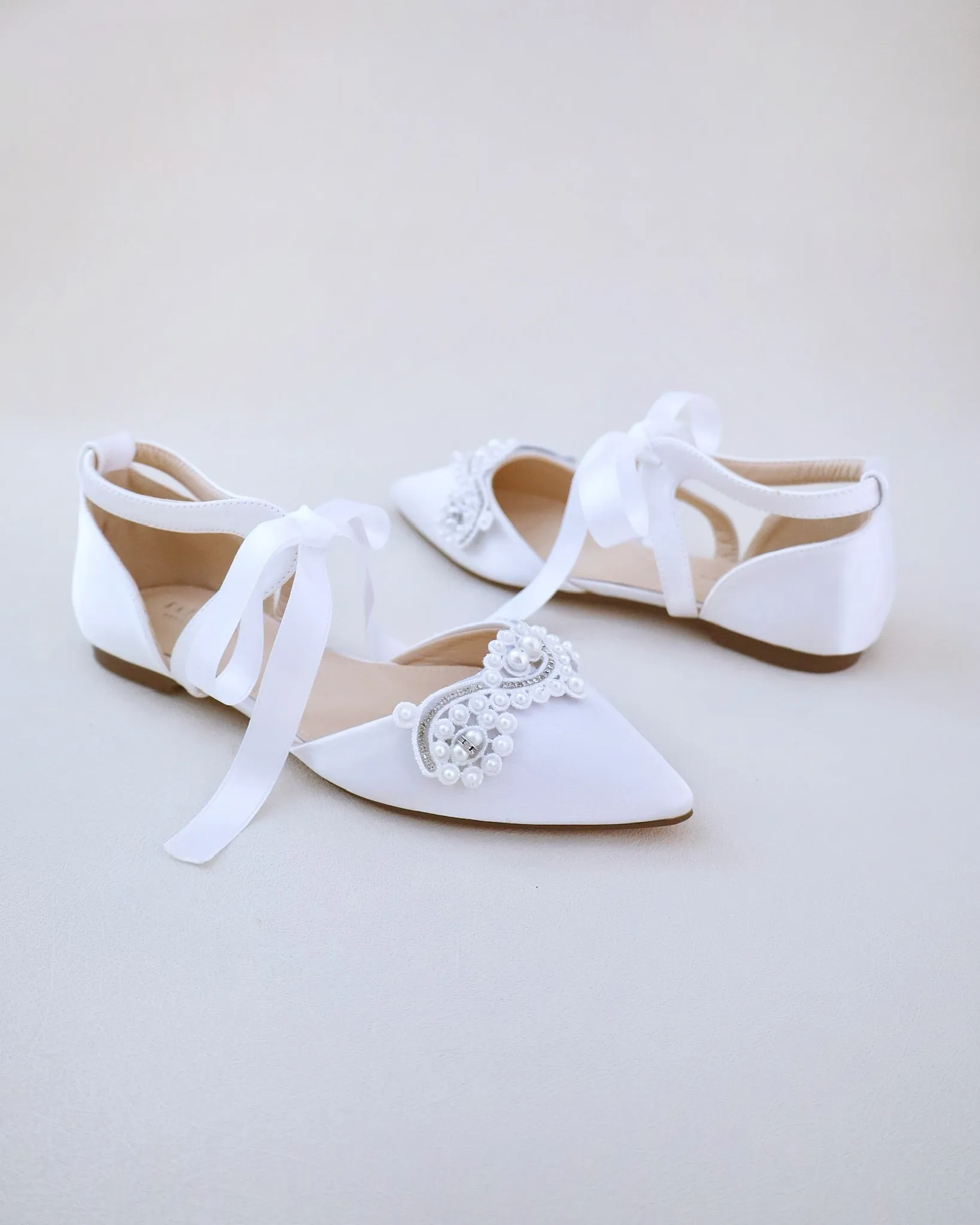 Satin Pointy Toe Flats with Small Pearls Applique Embellishment