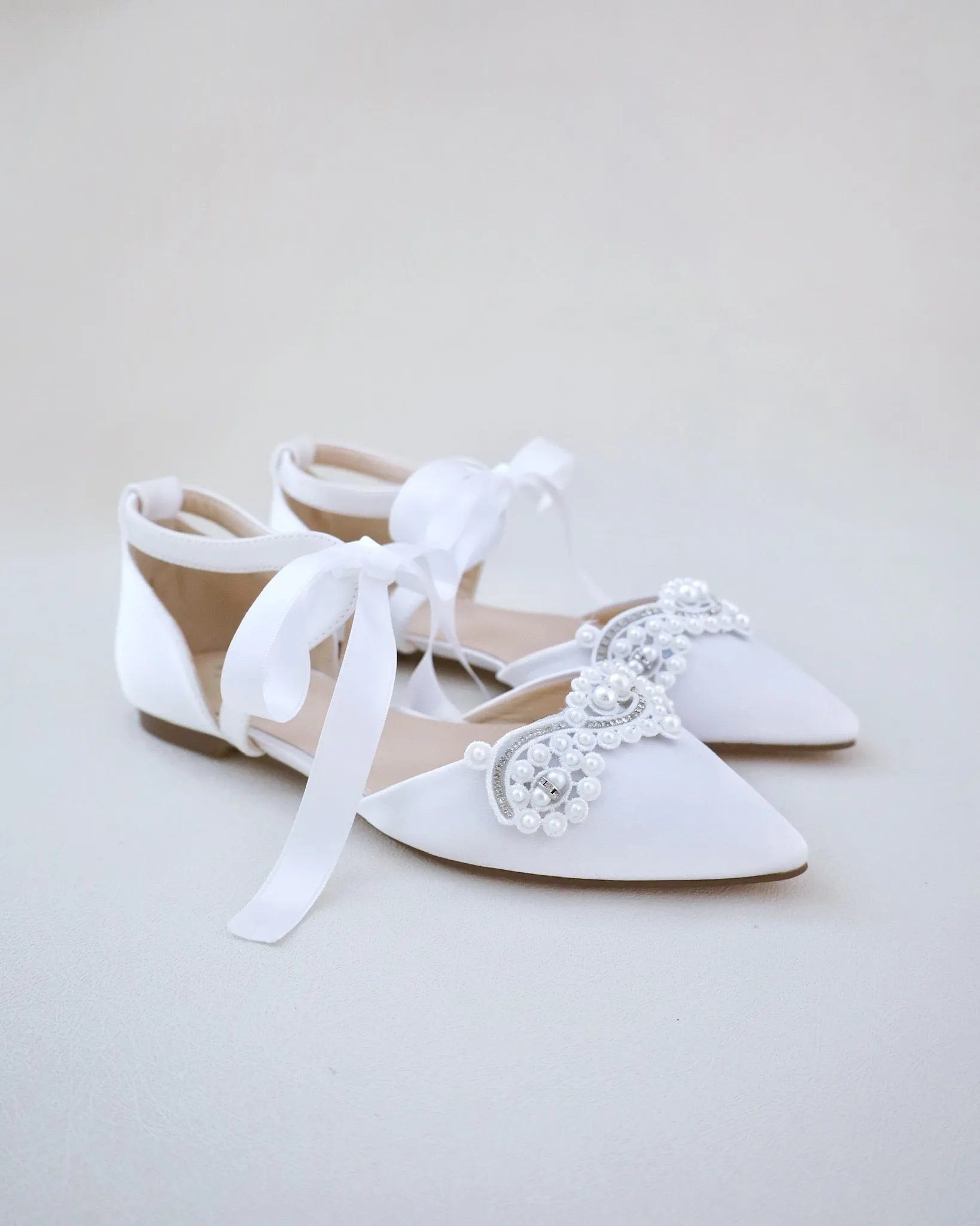 Satin Pointy Toe Flats with Small Pearls Applique Embellishment