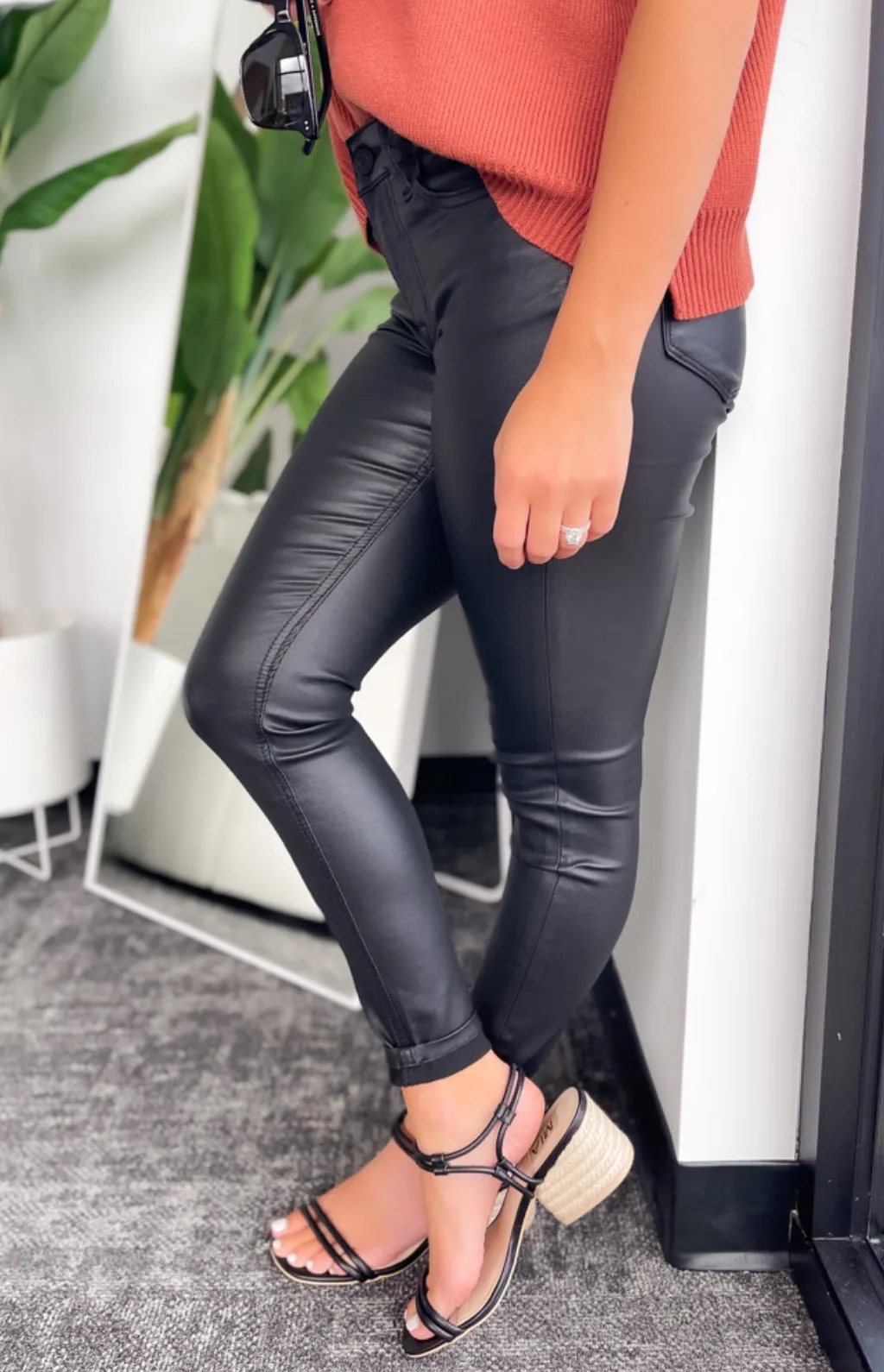 Selena Mid Rise Faux Leather Skinny Vervet Pants