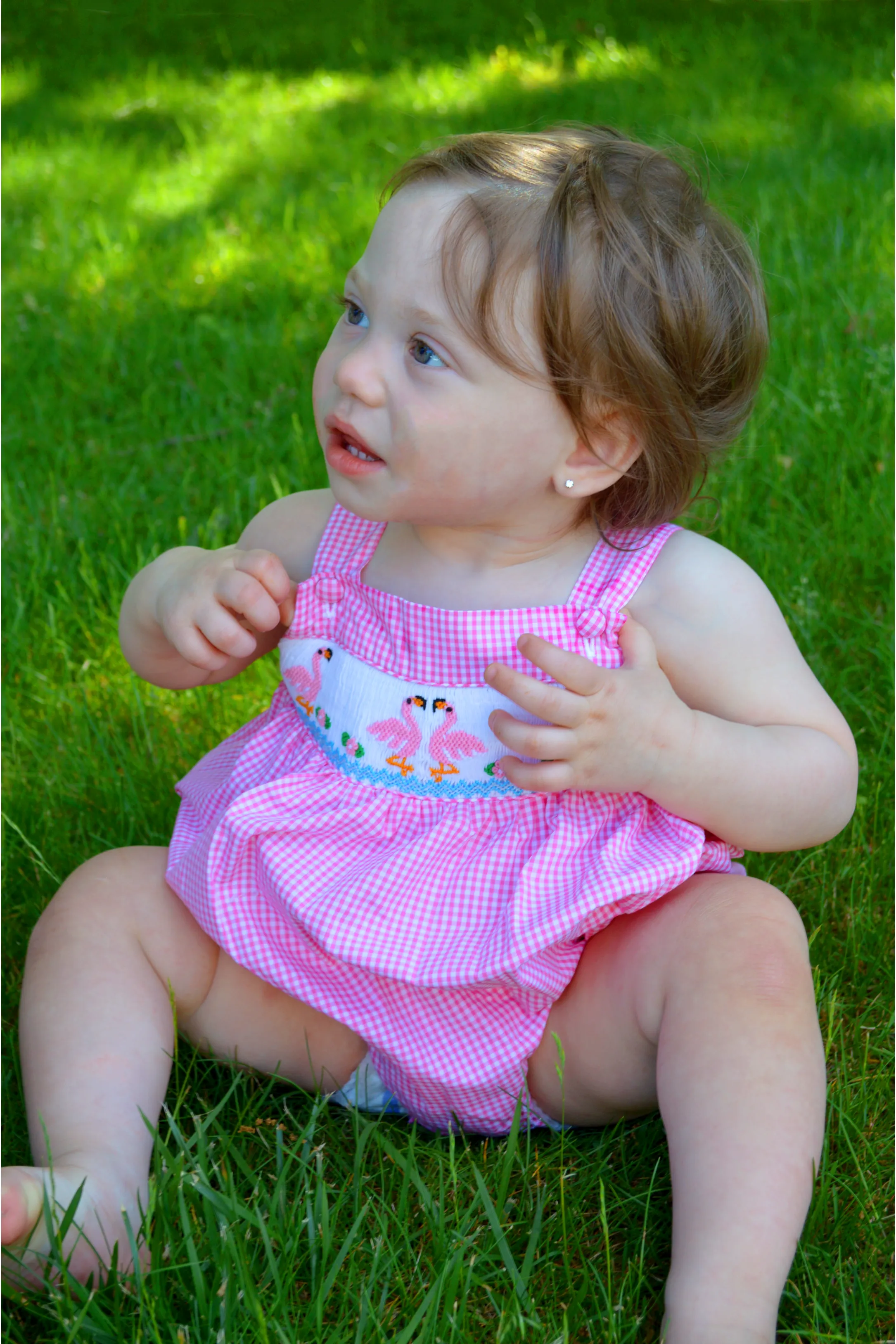 Smocked Pink Flamingos Summer baby Girl Bubble Romper