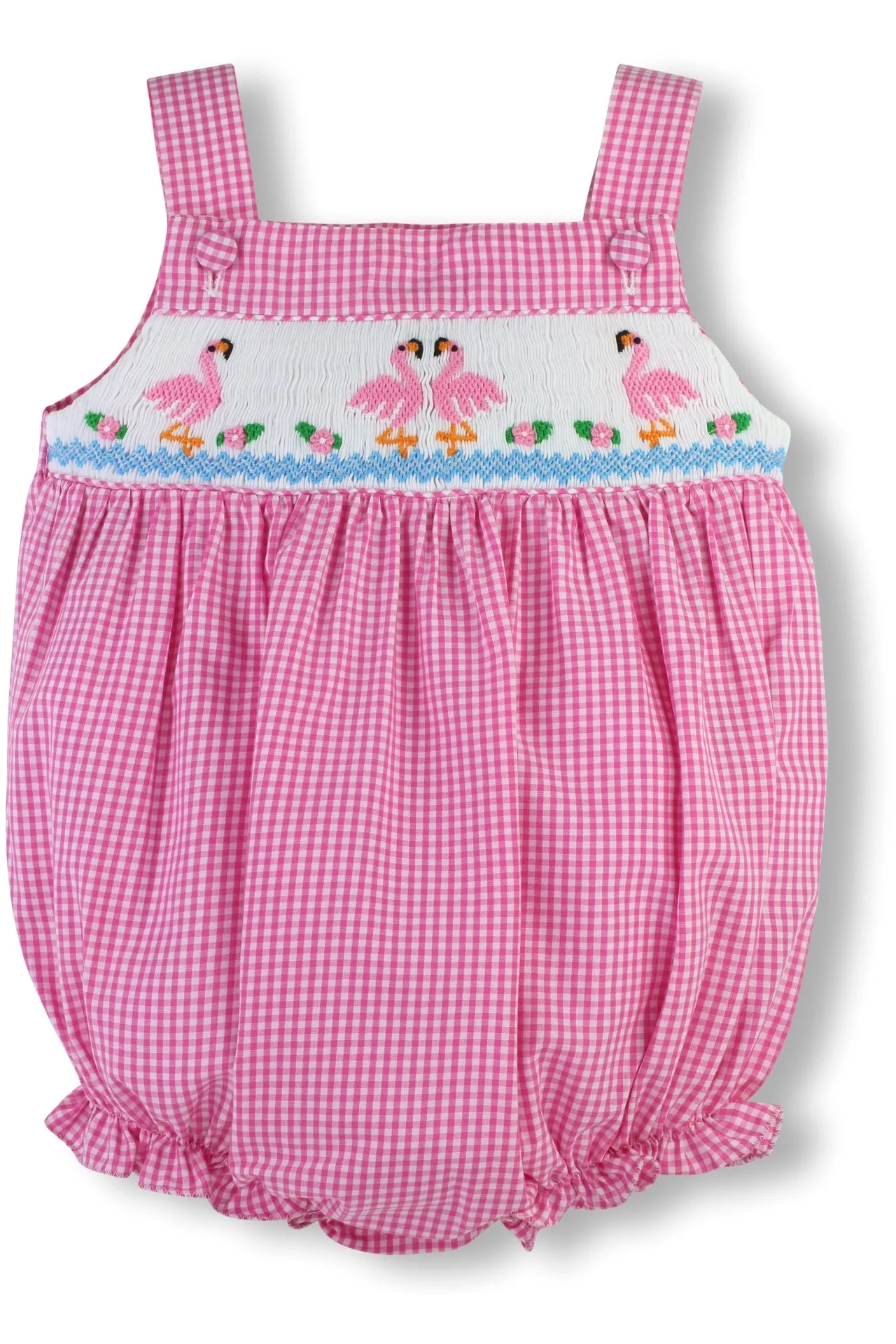 Smocked Pink Flamingos Summer baby Girl Bubble Romper