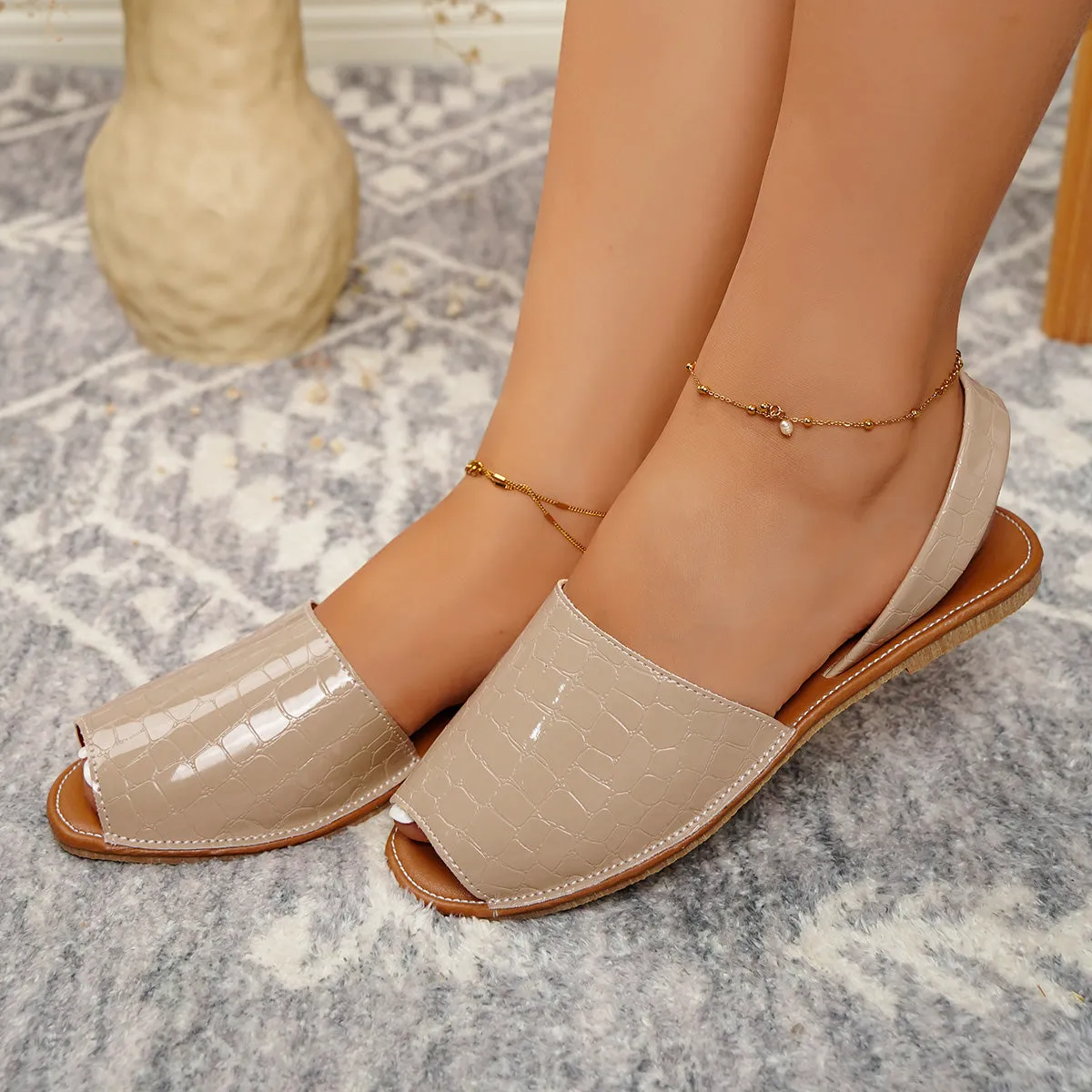 Sohiwoo Peep Toe Flat Ankle Strap Sandals