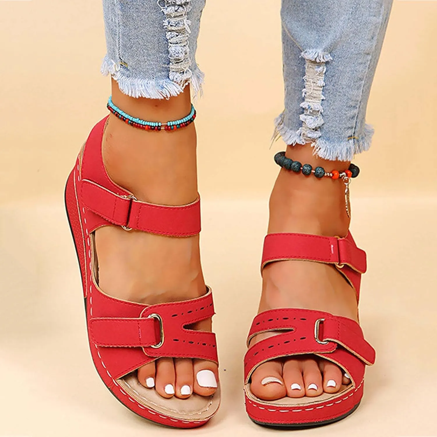 SuanlaTDS Orthopedic Sandals for Women, Women's Wedge Orthotic Arch Support Wide Width Open Toe Adjustable Ankle Strap Platform 2025 Beach Boho Dressy Summer Comfortable Outdoor Walking Shoes
