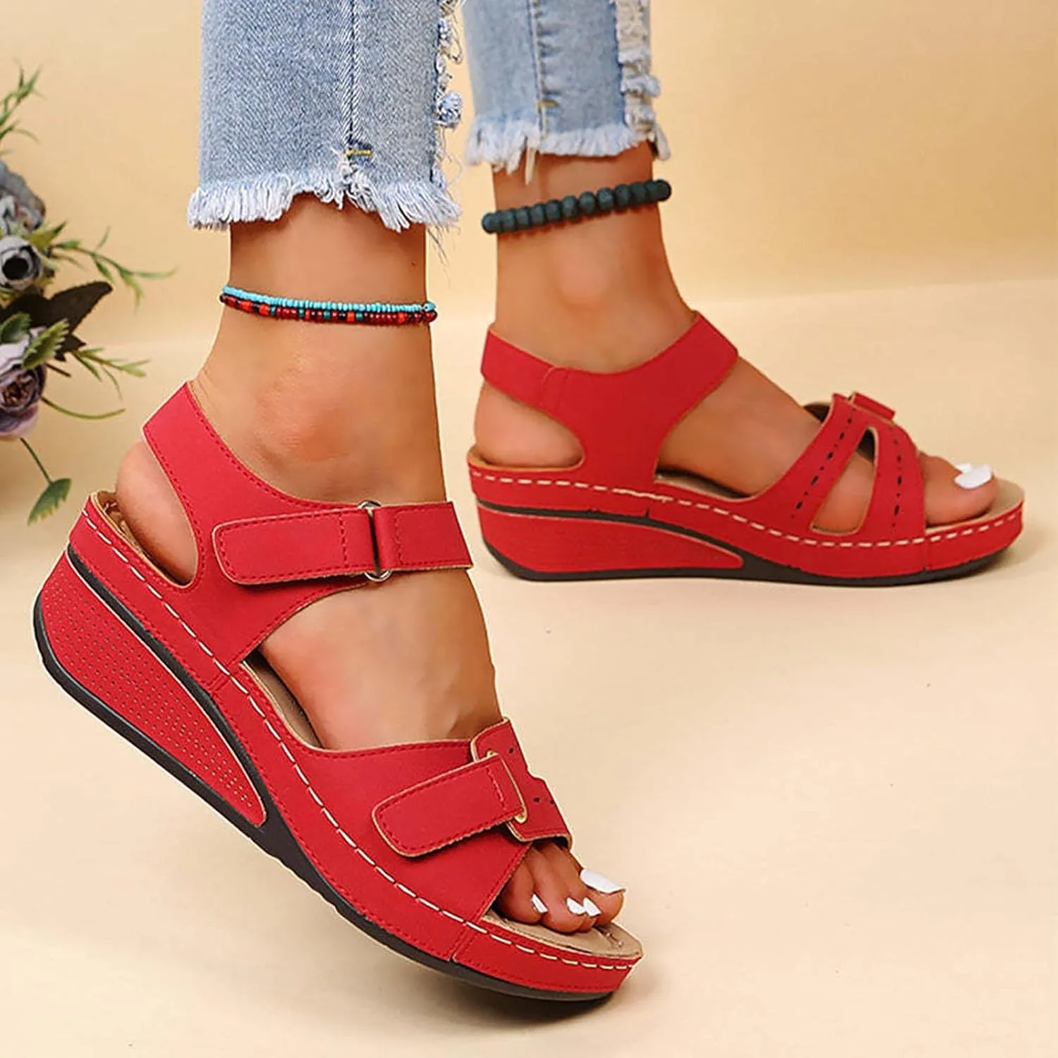 SuanlaTDS Orthopedic Sandals for Women, Women's Wedge Orthotic Arch Support Wide Width Open Toe Adjustable Ankle Strap Platform 2025 Beach Boho Dressy Summer Comfortable Outdoor Walking Shoes