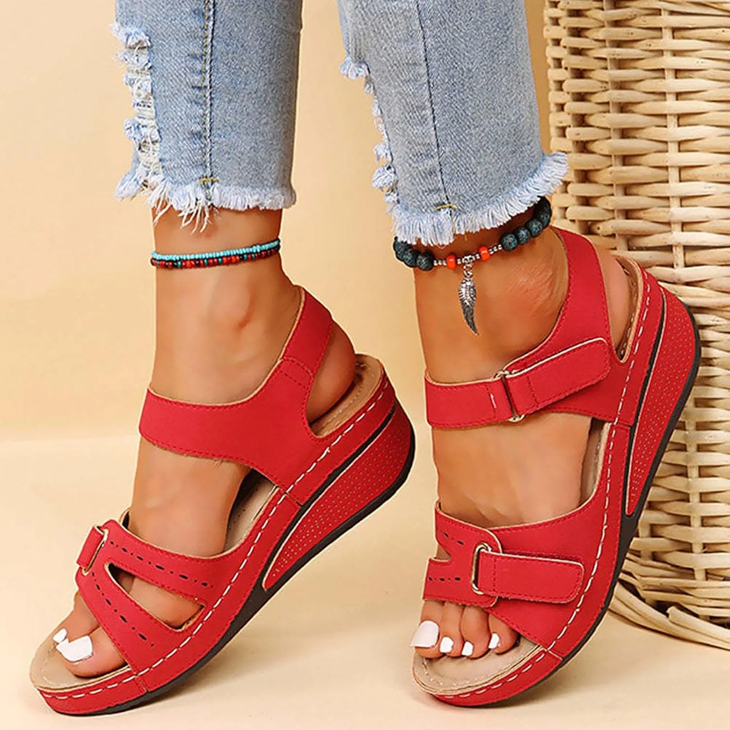 SuanlaTDS Orthopedic Sandals for Women, Women's Wedge Orthotic Arch Support Wide Width Open Toe Adjustable Ankle Strap Platform 2025 Beach Boho Dressy Summer Comfortable Outdoor Walking Shoes