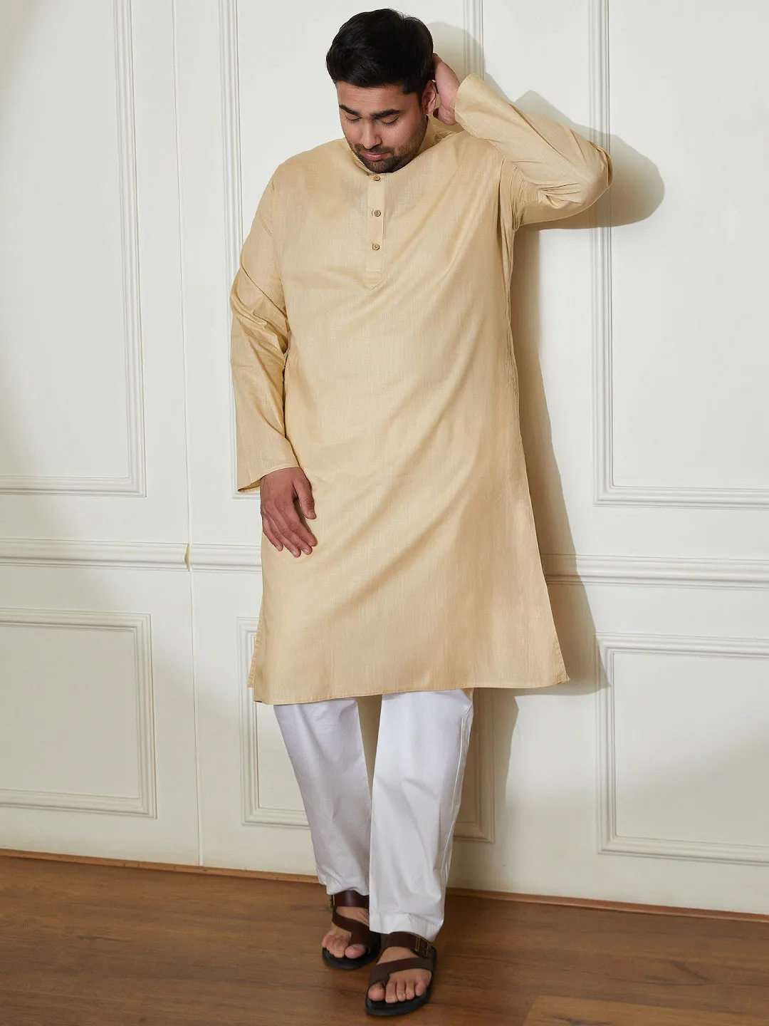 Vastramay Plus Men's Beige Cotton Linen Kurta