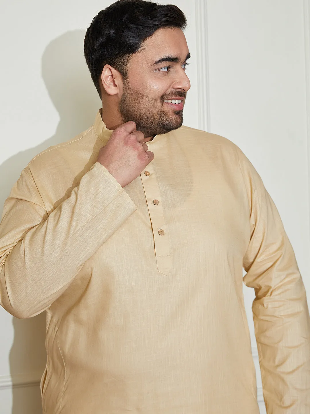 Vastramay Plus Men's Beige Cotton Linen Kurta