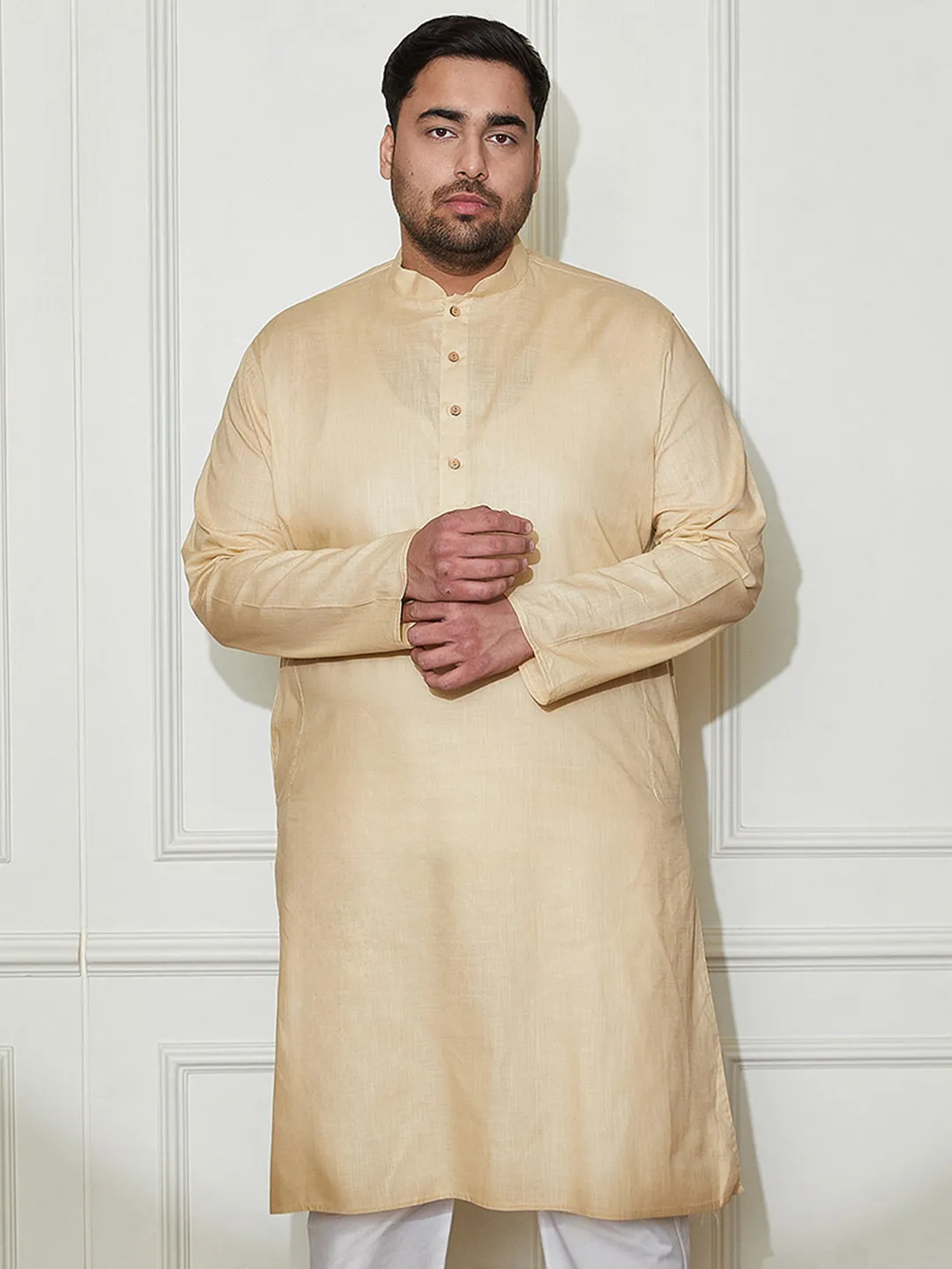 Vastramay Plus Men's Beige Cotton Linen Kurta
