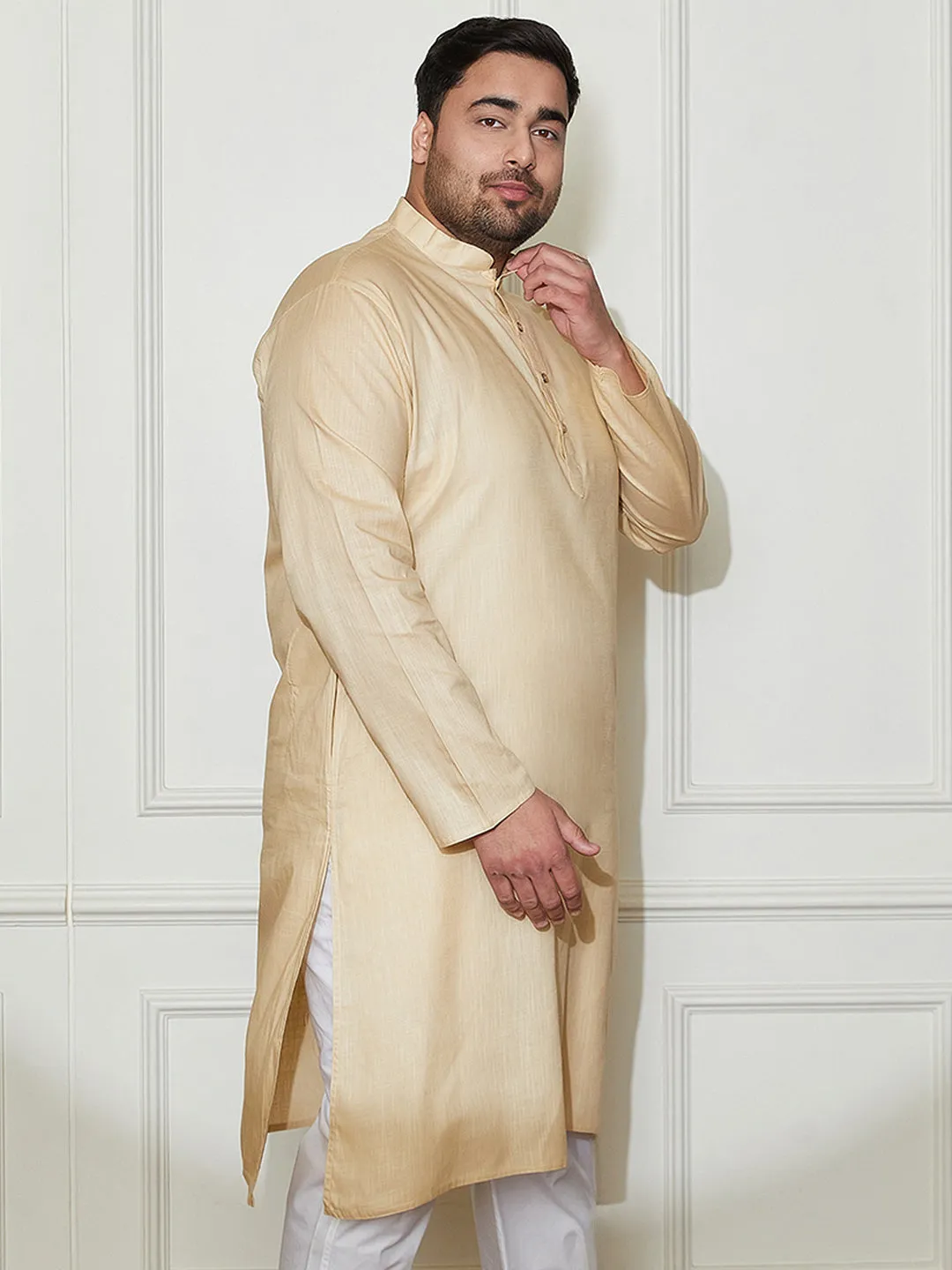 Vastramay Plus Men's Beige Cotton Linen Kurta