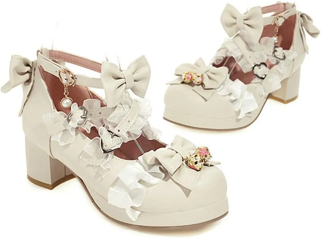 VOKLIN Women's Girls Lolita Mary Jane Shoes Sweet Bow Lace Cross Strap Mid Heel Cosplay Oxford Dress Pumps