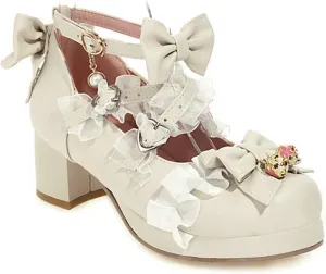 VOKLIN Women's Girls Lolita Mary Jane Shoes Sweet Bow Lace Cross Strap Mid Heel Cosplay Oxford Dress Pumps
