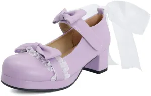 VOKLIN Women's Girls Sweet Bow Lolita Mary Jane Shoes Ankle Strap Platform Block Mid Heel Oxford Dress Pumps