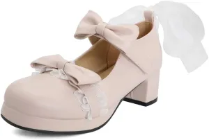 VOKLIN Women's Girls Sweet Bow Lolita Mary Jane Shoes Ankle Strap Platform Block Mid Heel Oxford Dress Pumps